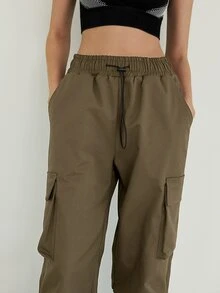 SHEIN Flap Pocket Drawstring Waist Cargo Trousers - Mocha Brown - View 12