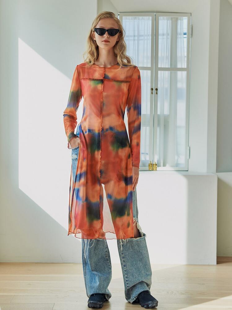 Dazy Designer Tie Dye Split Thigh Longline Top,Fall Clothes,Back To School Clothes Long Sleeve Women Tops - Orange - View 15