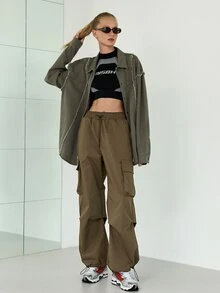 SHEIN Flap Pocket Drawstring Waist Cargo Trousers - Mocha Brown - View 13