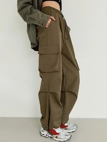 SHEIN Flap Pocket Drawstring Waist Cargo Trousers - Mocha Brown - View 14