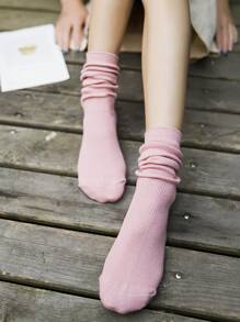 1 Đôi tất cổ cao sọc màu trơn, tất dài đến giữa bắp chân đa năng phù hợp cho nữ - Hồng - Xem 2