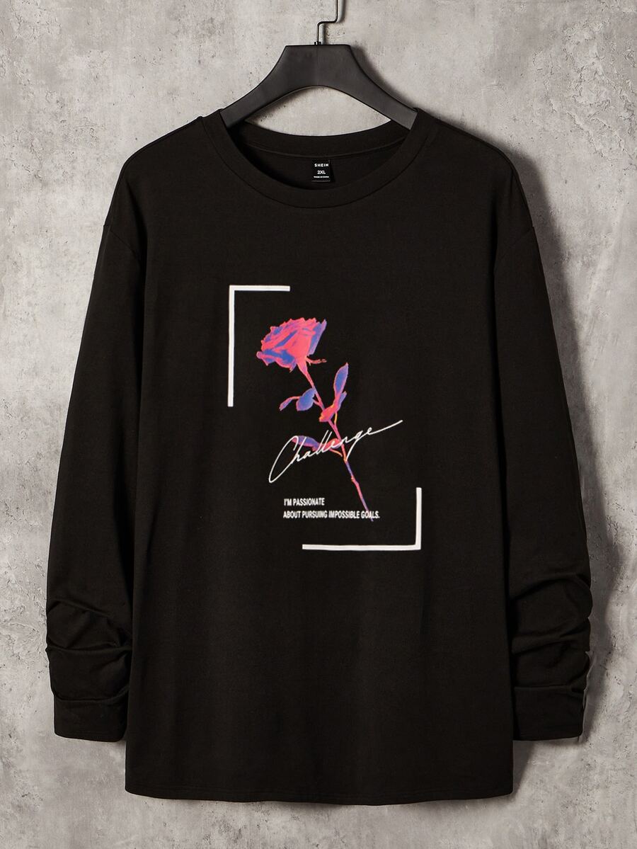 EASEVO Men Plus Rose & Letter Graphic Tee - Black - View 1