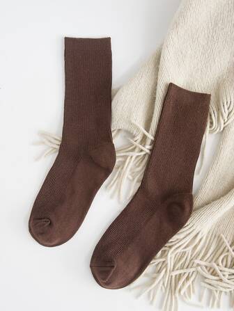 1 双女式纯色竖条纹罗纹中筒袜，经典百搭款式，秋季袜子