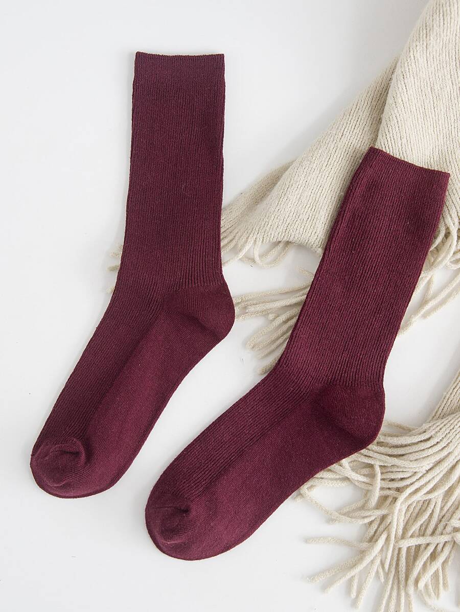 1 Pair Plain Vertical Striped Over-The-Knee Socks, Women Classic Versatile Mid-Calf Socks, Fall Socks - Burgundy - View 1