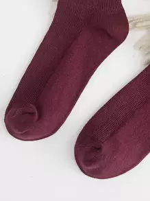 1 Pair Plain Vertical Striped Over-The-Knee Socks, Women Classic Versatile Mid-Calf Socks, Fall Socks - Burgundy - View 2