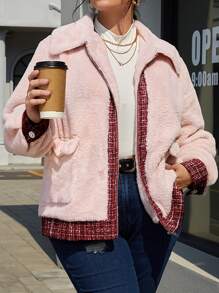 SHEIN LUNE Plus Contrast Plaid Trim Flap Pocket Fuzzy Coat - Baby Pink - View 3