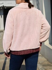 SHEIN LUNE Plus Contrast Plaid Trim Flap Pocket Fuzzy Coat - Baby Pink - View 2