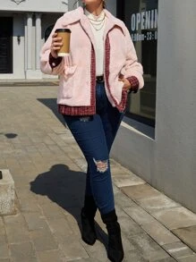 SHEIN LUNE Plus Contrast Plaid Trim Flap Pocket Fuzzy Coat - Baby Pink - View 4