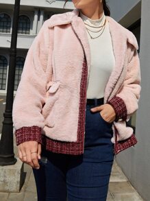 SHEIN LUNE Plus Contrast Plaid Trim Flap Pocket Fuzzy Coat - Baby Pink - View 5