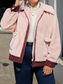 SHEIN LUNE Plus Contrast Plaid Trim Flap Pocket Fuzzy Coat - Baby Pink - View 7