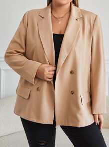 SHEIN Clasi Plus Lapel Neck Double Breasted Blazer - Apricot - View 3