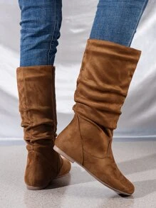 Fall/Winter Camel Pleated Side Zipper Round Toe Comfortable Versatile Vacation Daily Office Commute Mid-Calf Boots, Fashionable Flat Women Boots - Brown - View 3