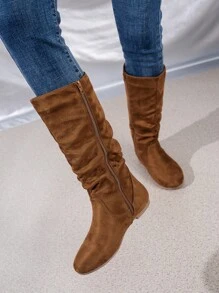 Fall/Winter Camel Pleated Side Zipper Round Toe Comfortable Versatile Vacation Daily Office Commute Mid-Calf Boots, Fashionable Flat Women Boots - Brown - View 7