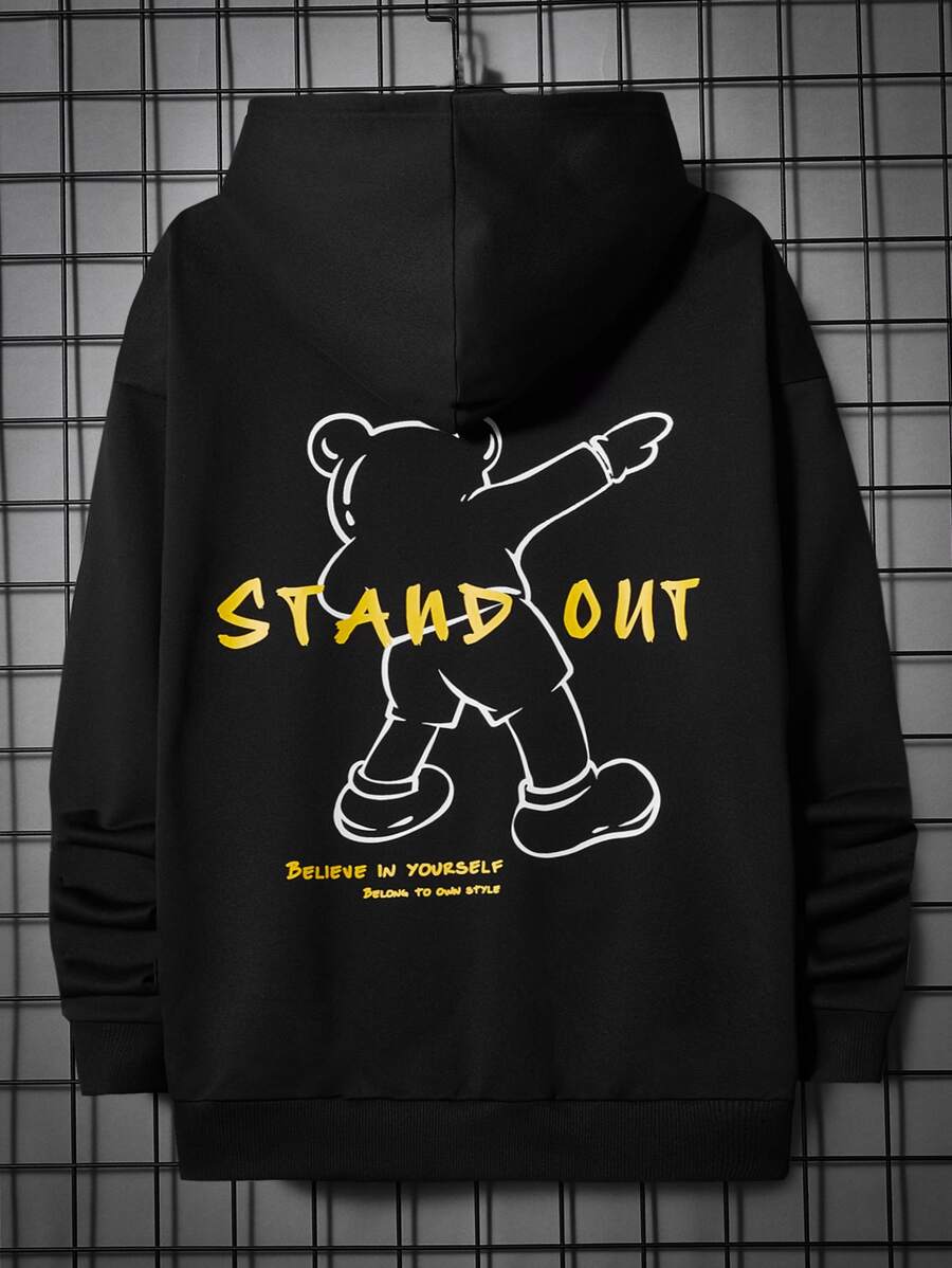 Manfinity VCAY Men Plus Bear And Slogan Graphic Drop Shoulder Drawstring Hoodie - Black - View 1