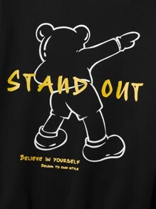 Manfinity VCAY Men Plus Bear And Slogan Graphic Drop Shoulder Drawstring Hoodie - Black - View 3