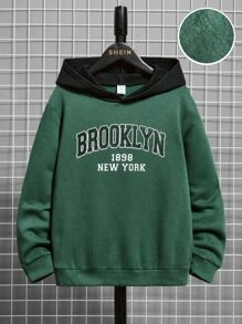SHEIN Áo nỉ in chữ phối màu dành cho bé trai tuổi teen - Màu xanh lá cây đậm - Xem 1