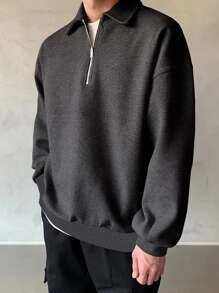 DAZY 男士素色半拉鏈落肩袖運動衫 - 深灰色 - 查看 3