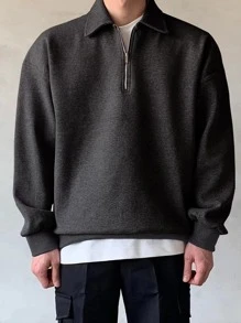 DAZY 男士素色半拉鏈落肩袖運動衫 - 深灰色 - 查看 4