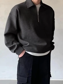 DAZY 男士素色半拉鏈落肩袖運動衫 - 深灰色 - 查看 5