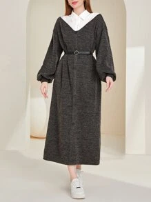 Seusyu Colourblock Lantern Sleeve Dress Without Belt - Dark Grey - View 1