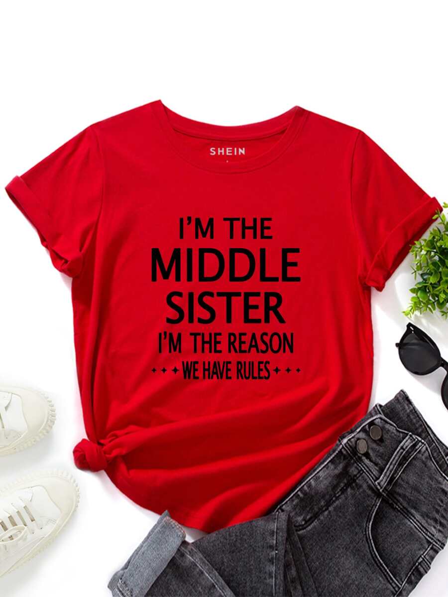 INAWLY Camiseta con estampado de slogan - Rojo - Ver 1