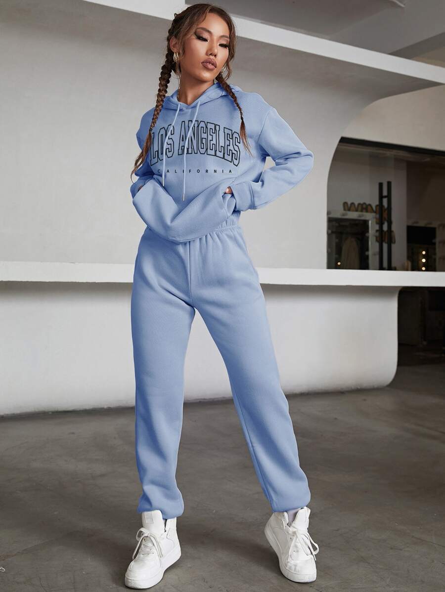SHEIN EZwear Letter Graphic Thermal Lined Drawstring Hoodie & Joggers - Blue - View 1
