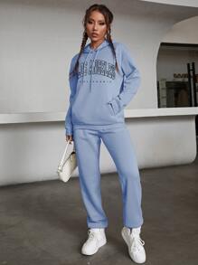 SHEIN EZwear Letter Graphic Thermal Lined Drawstring Hoodie & Joggers - Blue - View 4