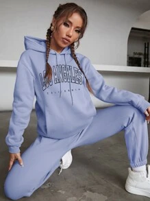 SHEIN EZwear Letter Graphic Thermal Lined Drawstring Hoodie & Joggers - Blue - View 6