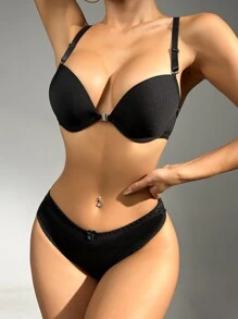 Contrast Lace Underwire Lingerie Set - Black - View 3
