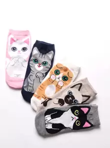 5 双可爱猫咪系列女款吸湿排汗透气短袜，卡通猫咪图案，日常休闲装 - 彩色 - 查看 1