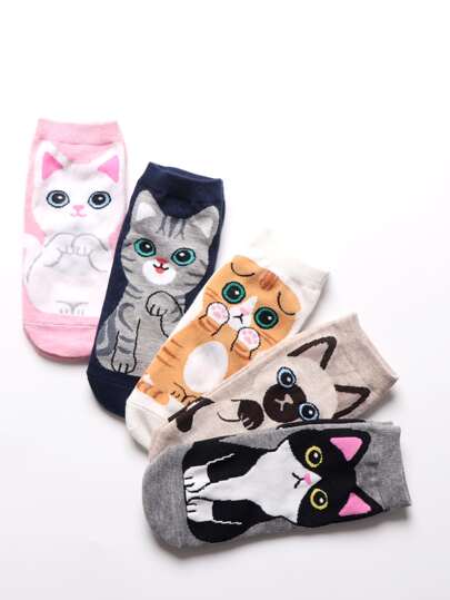 5 双可爱猫咪系列女款吸湿排汗透气短袜，卡通猫咪图案，日常休闲装