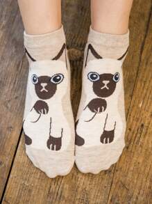 5 双可爱猫咪系列女款吸湿排汗透气短袜，卡通猫咪图案，日常休闲装 - 彩色 - 查看 7