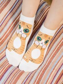 5 双可爱猫咪系列女款吸湿排汗透气短袜，卡通猫咪图案，日常休闲装 - 彩色 - 查看 8