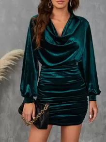 SHEIN BAE Draped Collar Drop Shoulder Ruched Velvet Bodycon Dress - Dark Green - View 7