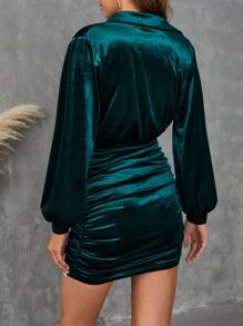 SHEIN BAE Draped Collar Drop Shoulder Ruched Velvet Bodycon Dress - Dark Green - View 2