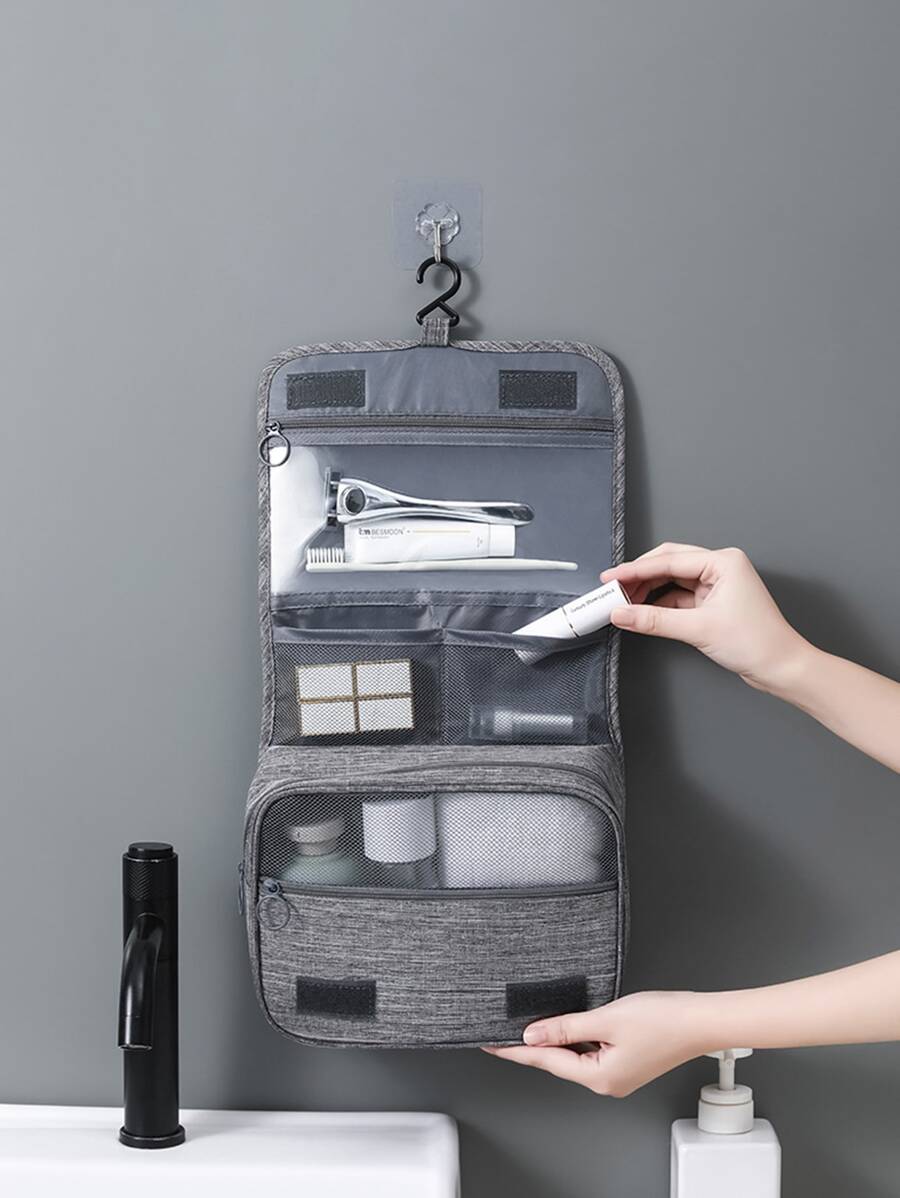 1pc Hanging Toiletry Travel Bag, Portable Hanging Wash Bag For Travel For Travel Storage Bag,Makeup Bag,Cosmetic Bag,Vacation Organizer,Large Capacity Makeup Organizer Makeup Case, For Lipstick, Brush, Skincare, Mobile Phone, Coin, Small Items, For Home,Gift,Vacation And Festival Halloween Christmas Multifunctional Use,Boho Vibes,For Holiday Beach, Bathroom Collection, Bedroom Collection, Large Capacity - Grey - View 1