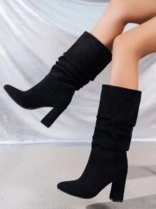 Minimalist Point Toe Chunky Heeled Faux Suede Slouchy Boots - Black - View 1