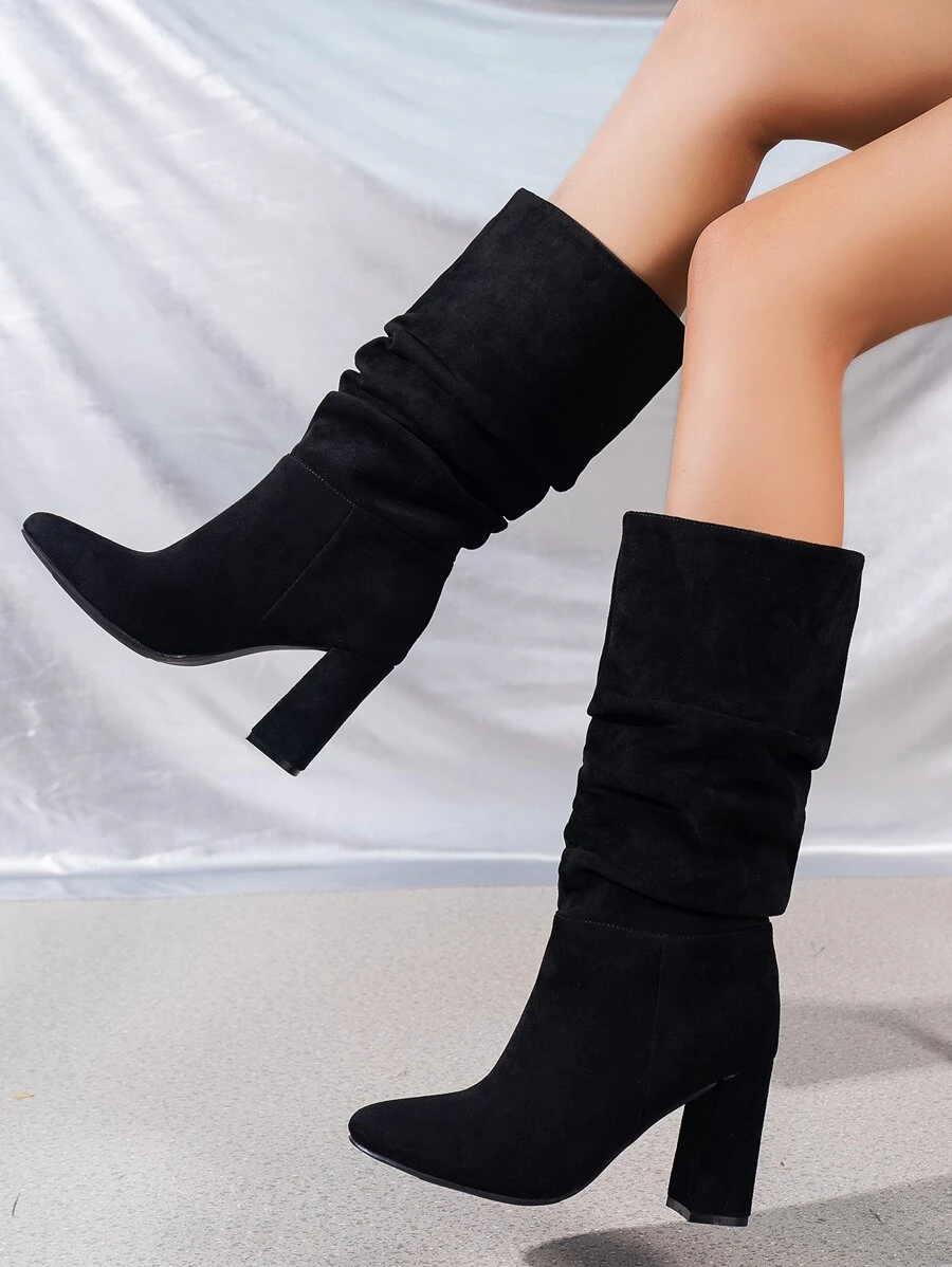 Minimalist Point Toe Chunky Heeled Faux Suede Slouchy Boots - Black - View 1