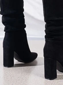 Minimalist Point Toe Chunky Heeled Faux Suede Slouchy Boots - Black - View 2
