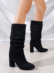 Minimalist Point Toe Chunky Heeled Faux Suede Slouchy Boots - Black - View 3