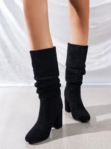 Minimalist Point Toe Chunky Heeled Faux Suede Slouchy Boots - Black - View 4