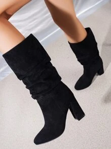Minimalist Point Toe Chunky Heeled Faux Suede Slouchy Boots - Black - View 5