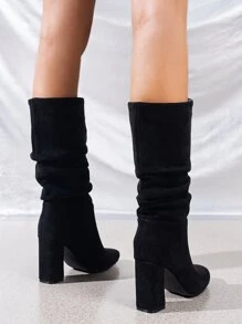 Minimalist Point Toe Chunky Heeled Faux Suede Slouchy Boots - Black - View 6