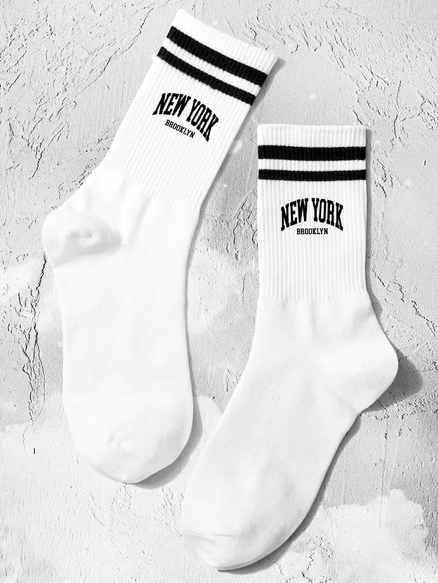 1 đôi tất dài đến bắp chân họa tiết chữ và sọc đôi cho nữ, NEW YORK Brooklyn Thời trang, mềm mại và thoải mái, thích hợp cho lễ hội, quà tặng, ở nhà, trở lại trường và trang phục du lịch, tất mùa thu - Đen và trắng - Xem 1