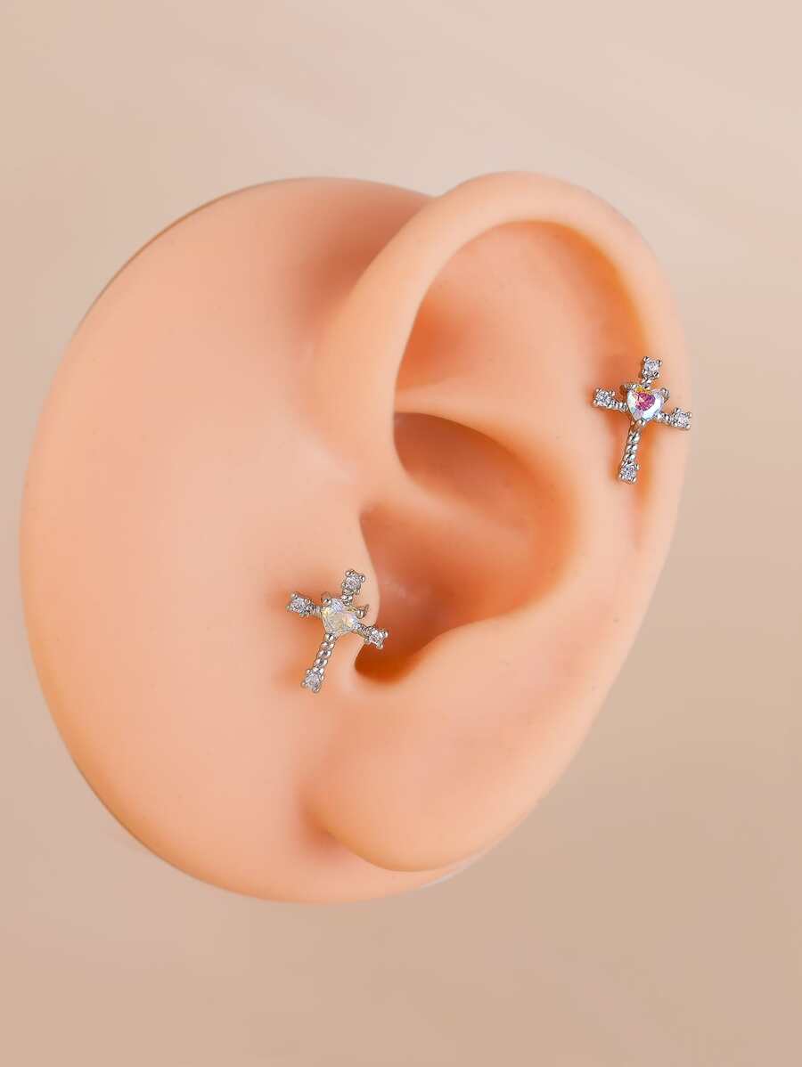 Bông tai chữ thập đá Zirconia - Bạc - Xem 1