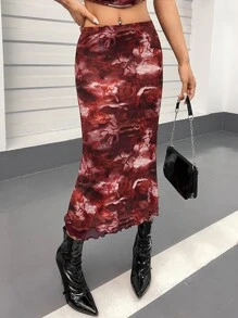 SHEIN ICON 紮染圖案木耳邊網紗半身裙 - 彩色 - 查看 1