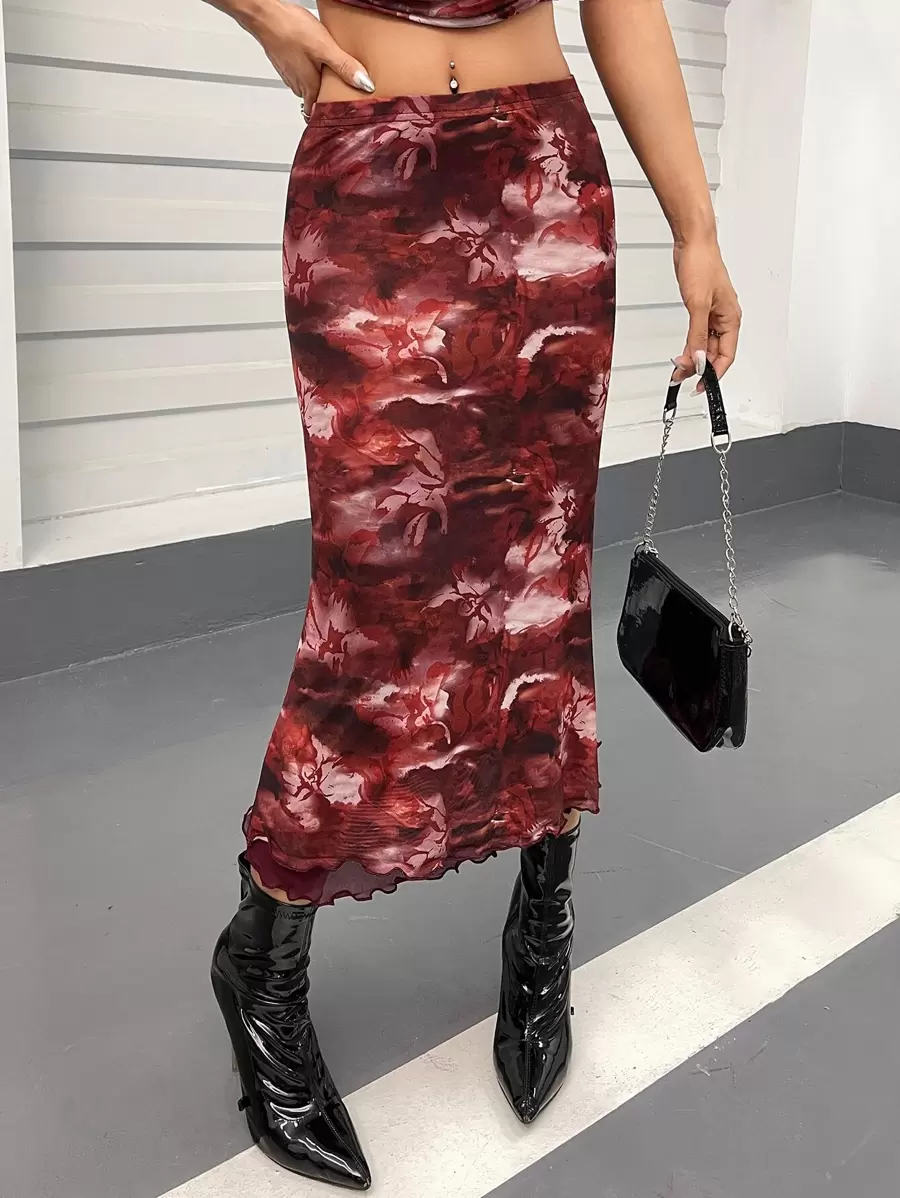 SHEIN ICON 紮染圖案木耳邊網紗半身裙 - 彩色 - 查看 1