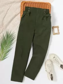 Girls Bow Front Paperbag Waist Trousers - Army Green - View 1