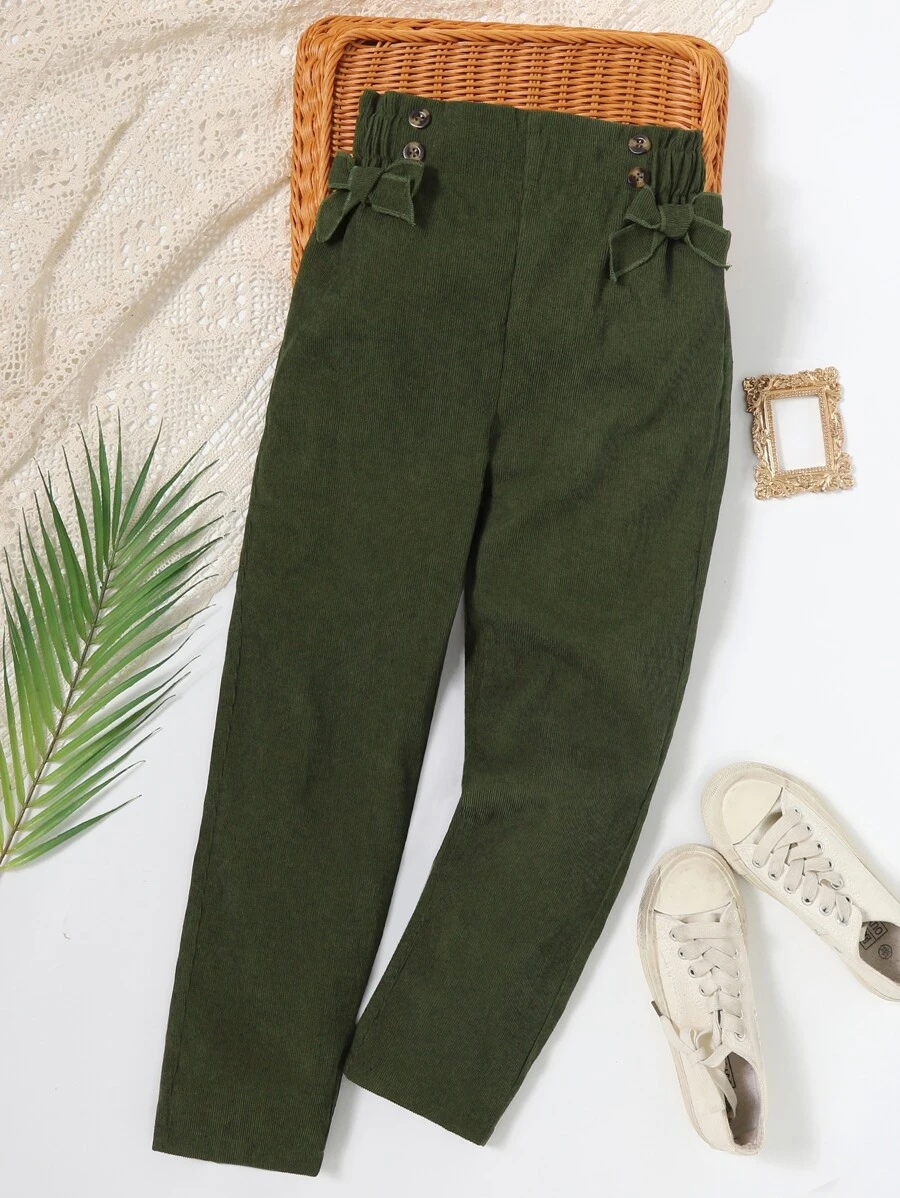 Girls Bow Front Paperbag Waist Trousers - Army Green - View 1