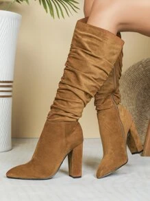 Faux Suede Point Toe Chunky Heeled Slouchy Boots - Brown - View 3
